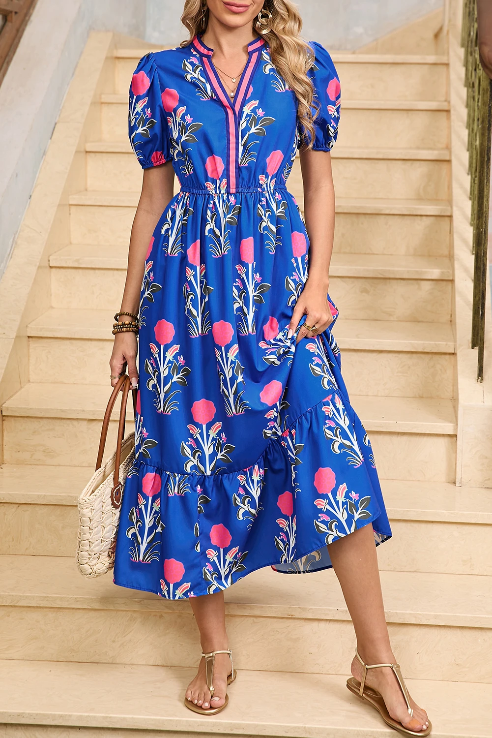 Squiggles Popover Dress with Ruffle Trim, Sky Blue Stripe