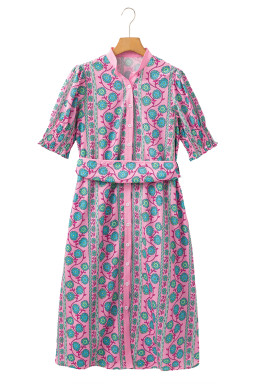 Pink Boho Floral Shirred Short Sleeve Belted Dress