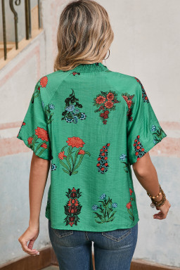 Bright Green Floral Button V-Neck Blouse
