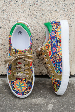 Gold Boho Ethnic Print Lace Up Sneakers