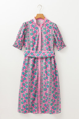 Pink Boho Floral Shirred Short Sleeve Belted Dress