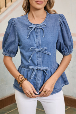 Dusk Blue Bow Tie Front Bubble Sleeve Peplum Denim Shirt