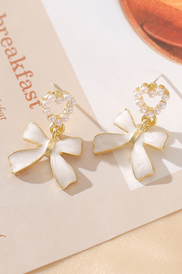 Gold Pearl Heart Shape Bow Knot Dangle Earrings