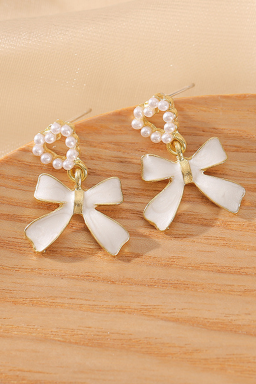 Gold Pearl Heart Shape Bow Knot Dangle Earrings