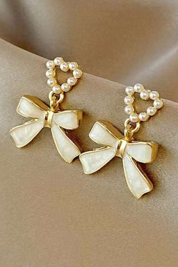 Gold Pearl Heart Shape Bow Knot Dangle Earrings