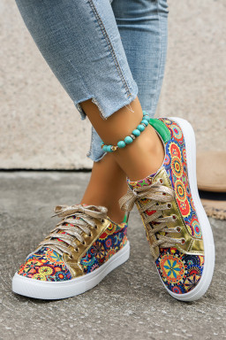 Gold Boho Ethnic Print Lace Up Sneakers