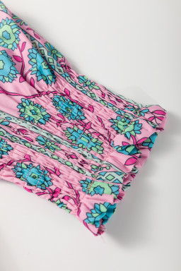 Pink Boho Floral Shirred Short Sleeve Belted Dress