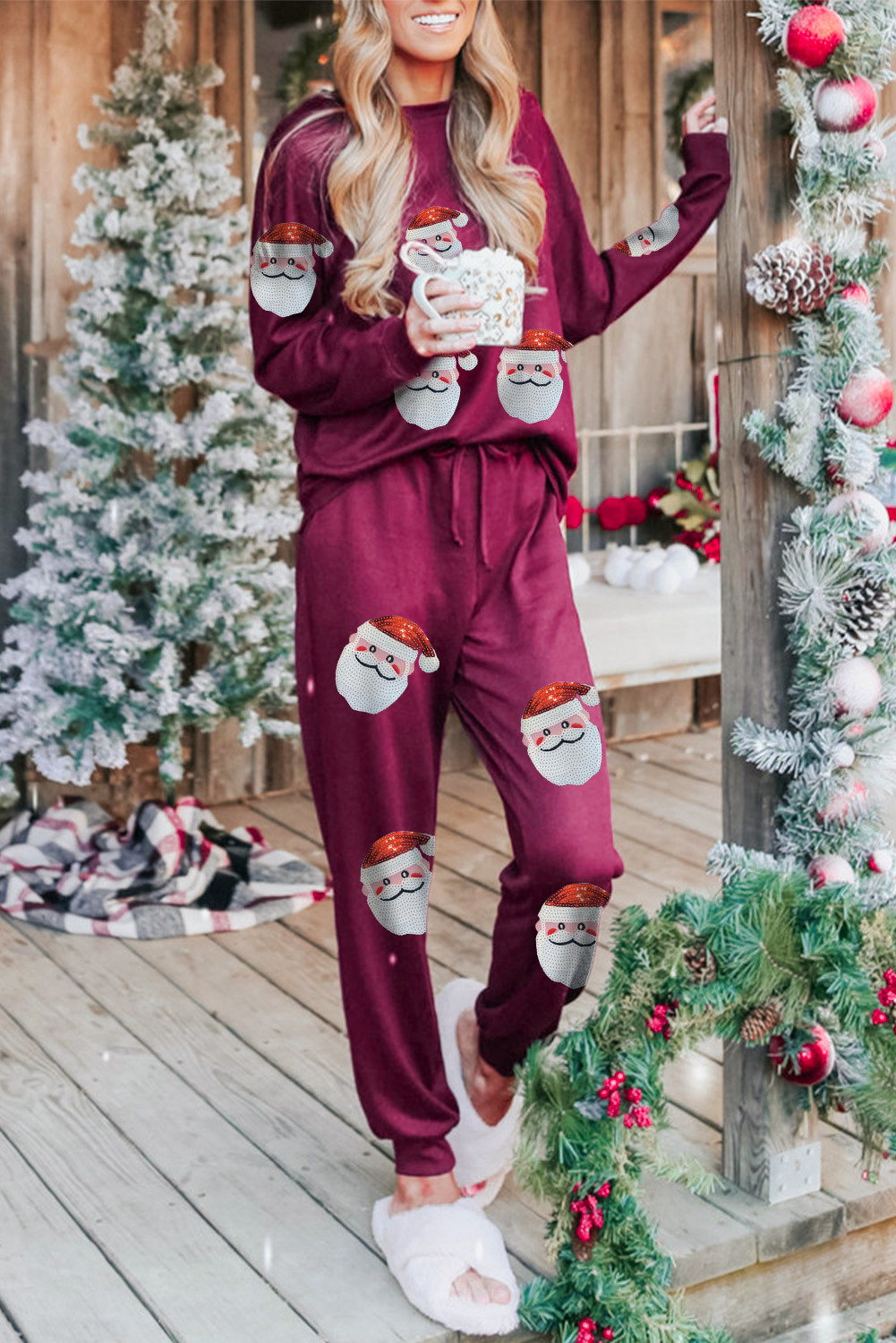 Red Sequins Santa Claus Graphic Loungewear Set