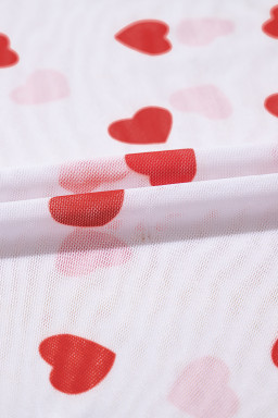 White Heart Print Mesh Long Sleeve Top