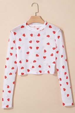 White Heart Print Mesh Long Sleeve Top