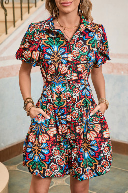 Multicolour Bohemian Floral Bubble Sleeve Dress