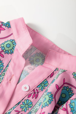 Pink Boho Floral Shirred Short Sleeve Belted Dress