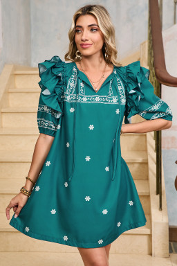 Skobeloff Boho Floral Puff Sleeve Tie Neck Mini Dress