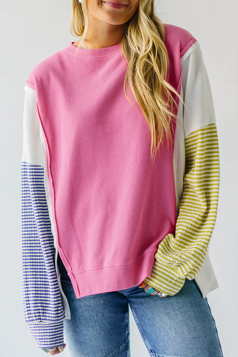 Sachet Pink Waffle Patchwork Striped Sleeve Top