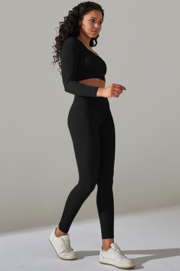 Black Ribbed Long Sleeve Top and Leggings Workout Set