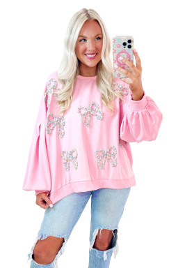 Light Pink Embroidered Bow Lantern Sleeve Oversized Pullover Sweatshirt