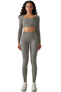 Gray Ribbed Long Sleeve Top and Leggings Workout Set
