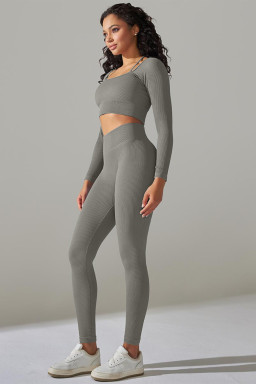 Gray Ribbed Long Sleeve Top and Leggings Workout Set