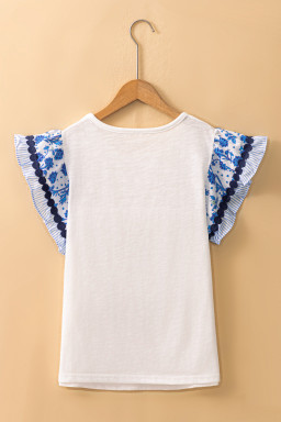 Blue Floral Striped Patchwork Flutter Sleeve Blouse