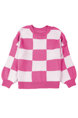 Rose Checkered Bishop Sleeve Pullover Sweater