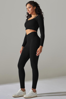 Black Ribbed Long Sleeve Top and Leggings Workout Set