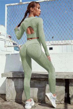 Grass Green Solid Color Long Sleeve Crop Top Leggings Yoga Sports Set