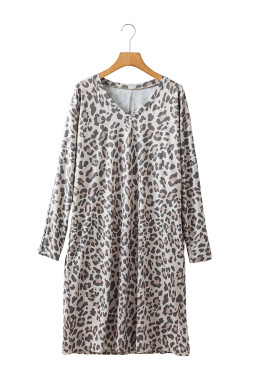 Gray Leopard Print V Neck Loose Fit Long Sleeve Midi Dress