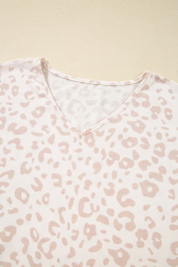 Beige Leopard V Neck Tee and Pants Pajama Set