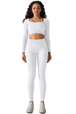 White Ribbed Long Sleeve Top and Leggings Workout Set