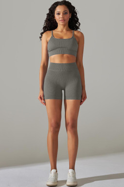 Light Grey Spaghetti Straps Bra and High Waist Shorts Workout Set