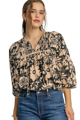 Black Boho Floral Smocked V Neck Bracelet Sleeve Blouse