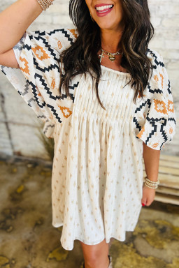 Beige Geometric Print Pleated Square Neck Loose Mini Dress
