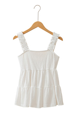 White Crinkled Ruffled Straps Peplum Babydoll Sleeveless Top
