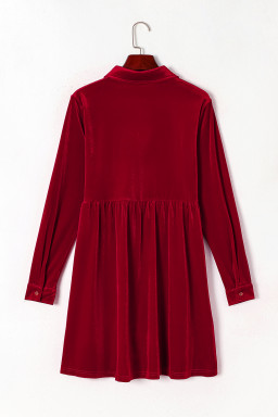 Red Long Sleeve Ruffle Velvet Button Up Shirt Dress