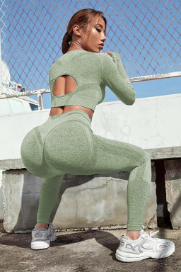 Grass Green Solid Color Long Sleeve Crop Top Leggings Yoga Sports Set