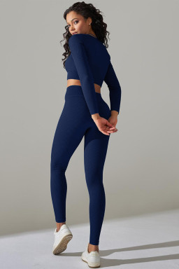 Navy Blue Ribbed Long Sleeve Top and Leggings Workout Set