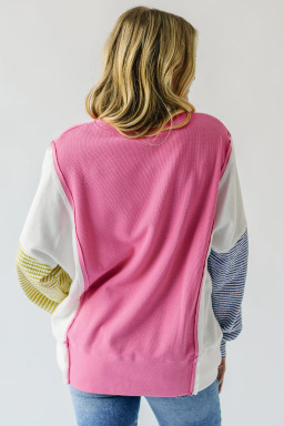 Sachet Pink Waffle Patchwork Striped Sleeve Top