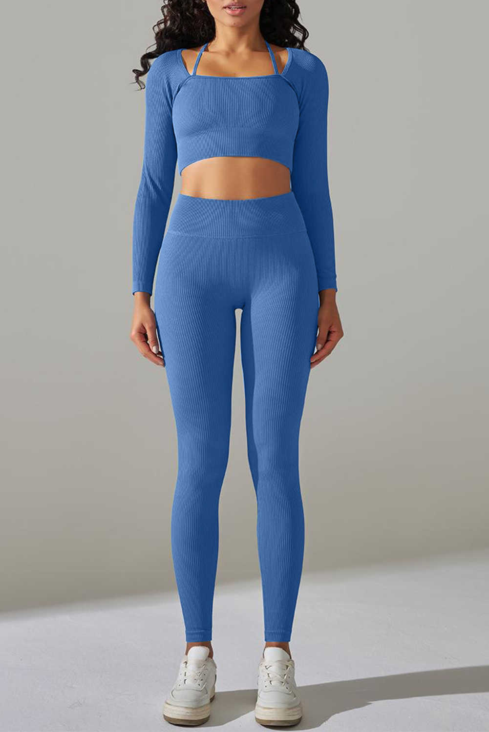 Sky Blue Ribbed Long Sleeve Top and Leggings Workout Set