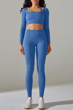 Sky Blue Ribbed Long Sleeve Top and Leggings Workout Set