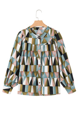 Green Geometric Print Buttoned Balloon Sleeve Loose Fit Shirt