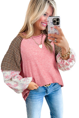 Fushia Mixed Print Raglan Sleeve Ribbed Knit Patchwork Blouse