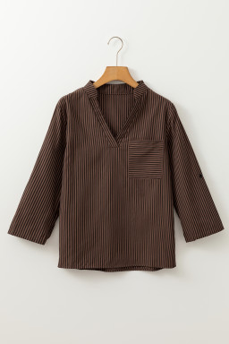 Brown Stripe V Neck Pocket Roll Up Sleeve Shirt