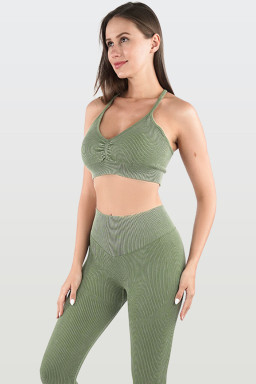 Laurel Green Seamless Ribbed Spaghetti Straps Bra Leggings Sports Set