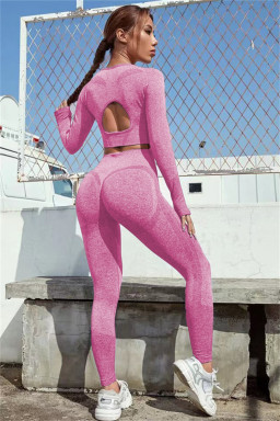 Bright Pink Solid Color Long Sleeve Crop Top Leggings Yoga Sports Set