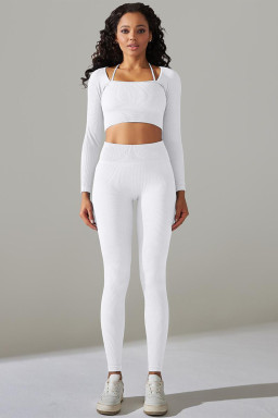 White Ribbed Long Sleeve Top and Leggings Workout Set