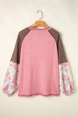 Fushia Mixed Print Raglan Sleeve Ribbed Knit Patchwork Blouse