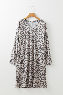 Gray Leopard Print V Neck Loose Fit Long Sleeve Midi Dress