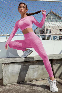 Bright Pink Solid Color Long Sleeve Crop Top Leggings Yoga Sports Set