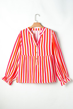 Orange Stripe Balloon Sleeve Notched V Neck Blouse