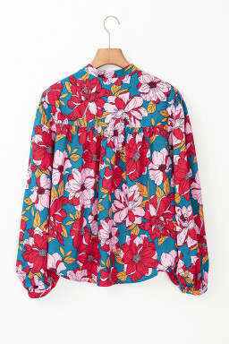 Red Floral Print Balloon Sleeve Half Buttons Blouse
